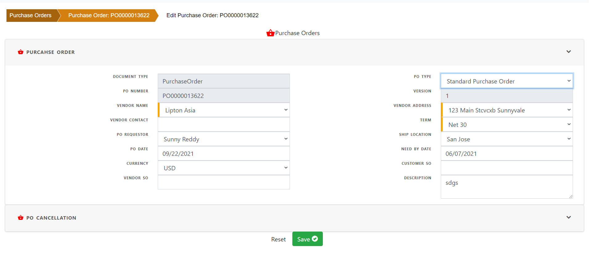 Entering Purchase Order